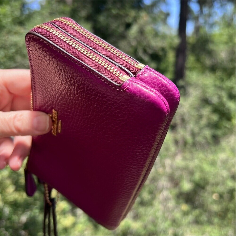 COACH Purple/Purple Pebbled Leather Wristlet Double Zip Wallet Gold Hardware - Picture 9 of 13